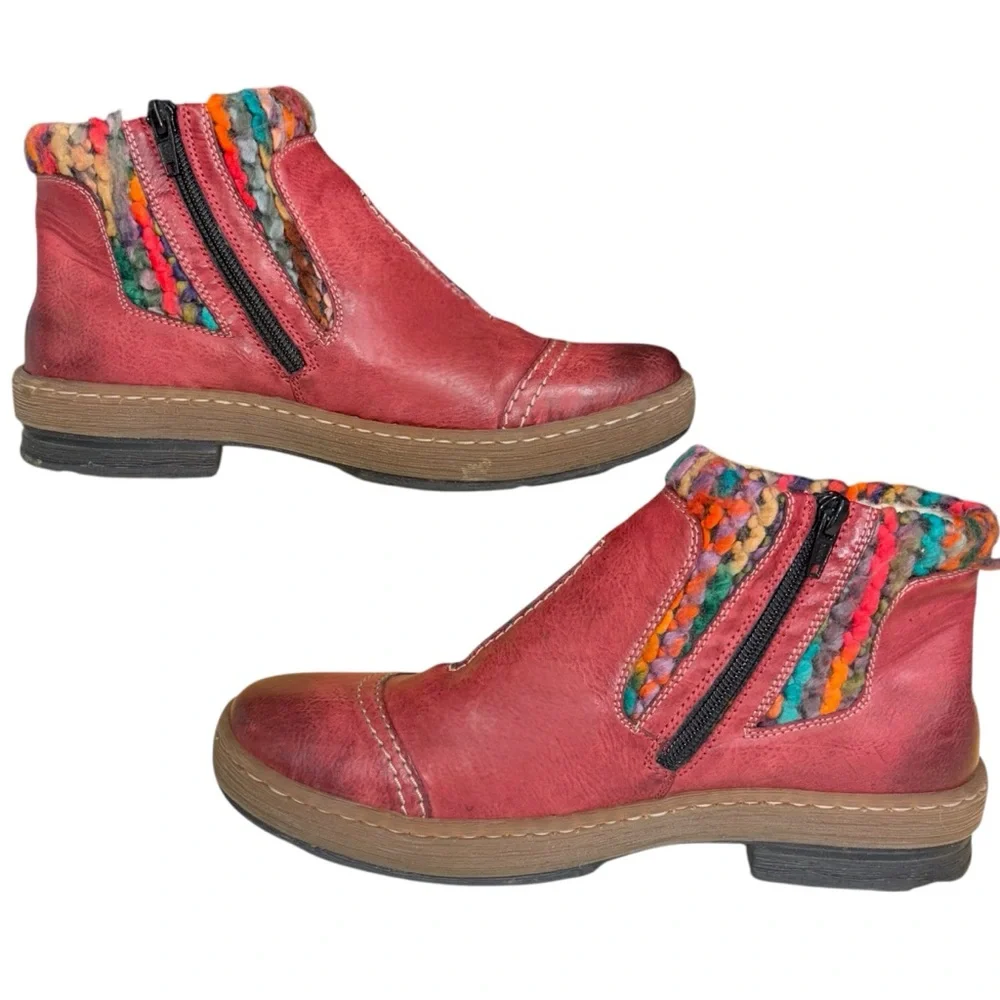Rieker Felicitas Wine Red Wool Lined Ankle Boots Multicolor Knit EU 41